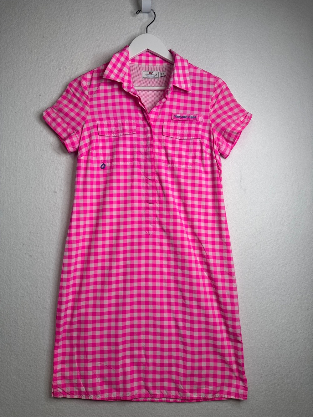 Vineyard Vines Performance Harbor Shirt Dress Pink & White Gingham Plaid Size 0